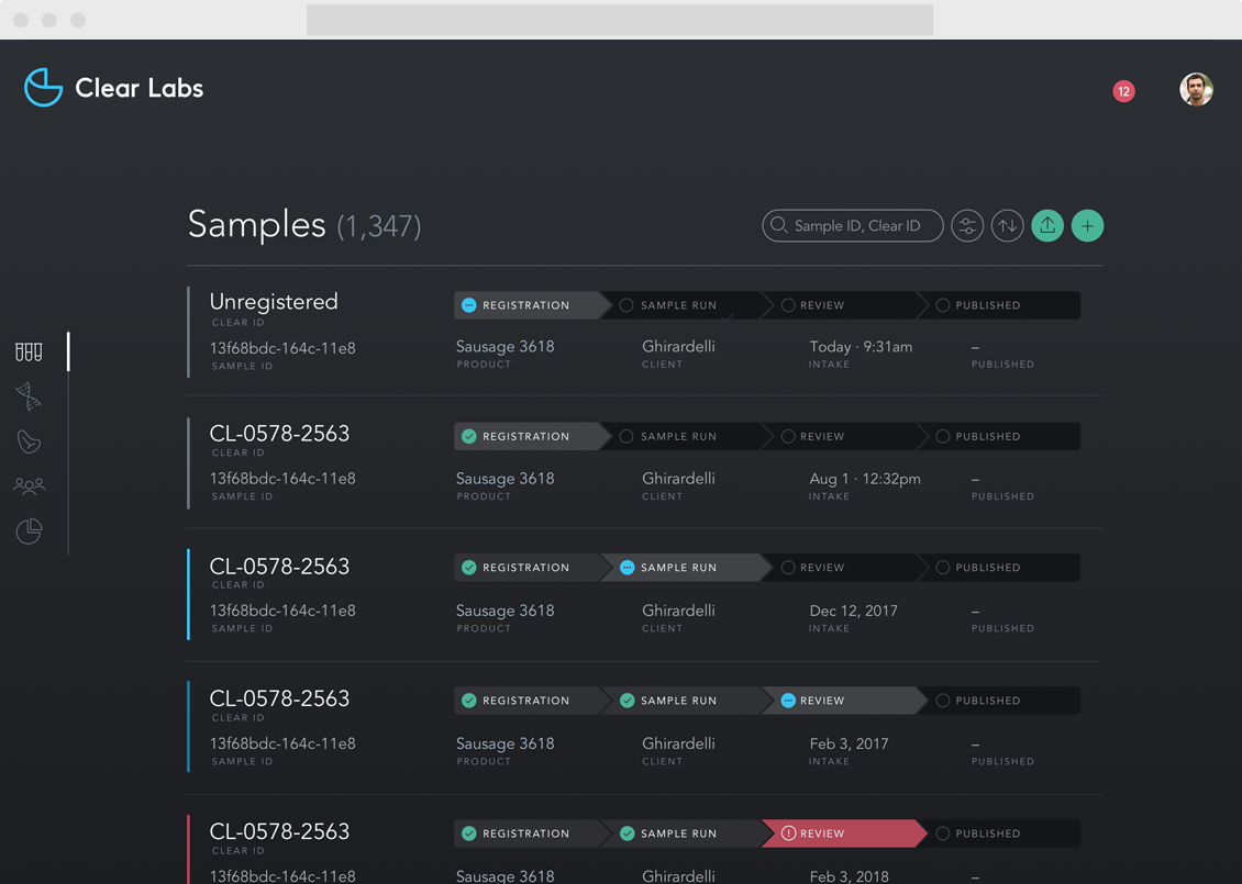 Clear Labs Sample List View